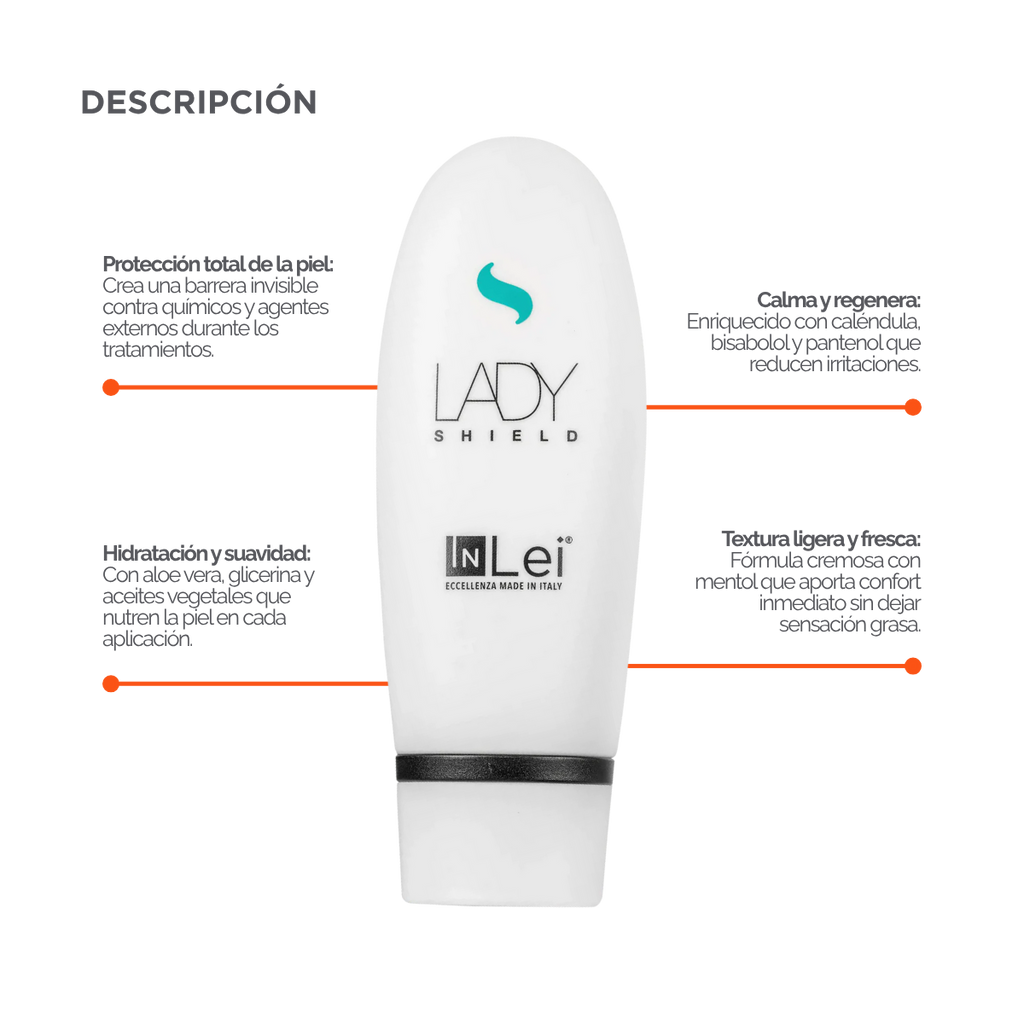 Envase de 50 ml de InLei Lady Shield crema barrera para cejas, diseño elegante, presentación profesional, contorno de ceja protegido con textura ligera