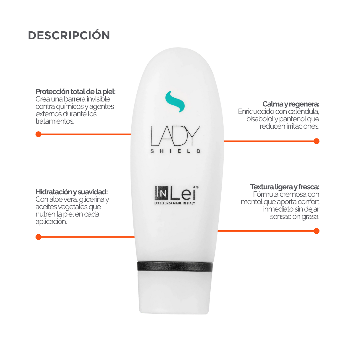 Envase de 50 ml de InLei Lady Shield crema barrera para cejas, diseño elegante, presentación profesional, contorno de ceja protegido con textura ligera