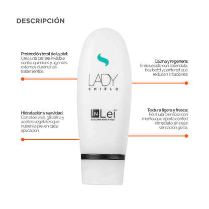 Envase de 50 ml de InLei Lady Shield crema barrera para cejas, diseño elegante, presentación profesional, contorno de ceja protegido con textura ligera