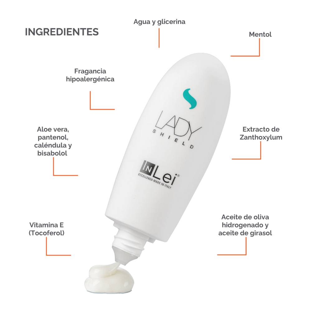 Envase de 50 ml de InLei Lady Shield crema barrera para cejas, diseño elegante, presentación profesional, contorno de ceja protegido con textura ligera