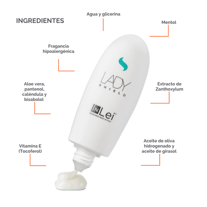Envase de 50 ml de InLei Lady Shield crema barrera para cejas, diseño elegante, presentación profesional, contorno de ceja protegido con textura ligera