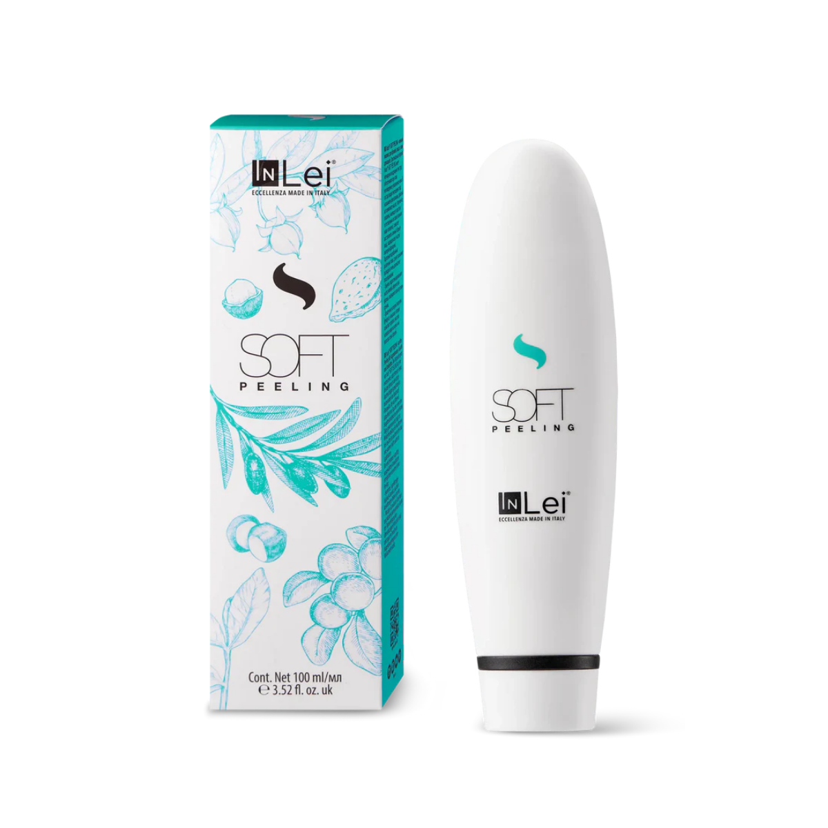 Envase de 100 ml de InLei Soft Peeling, exfoliante suave para cejas, rostro y escote, textura ligera no grasa, presentación profesional de estética