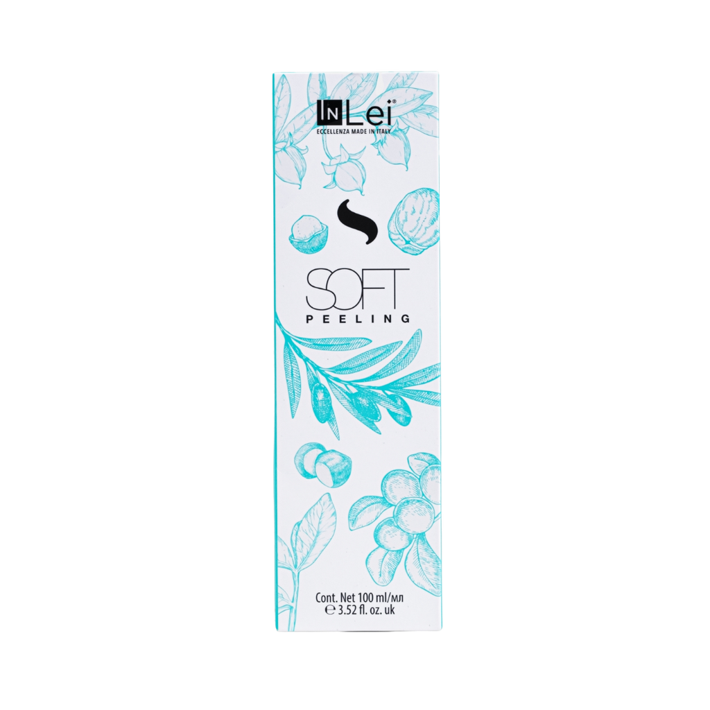 Envase de 100 ml de InLei Soft Peeling, exfoliante suave para cejas, rostro y escote, textura ligera no grasa, presentación profesional de estética