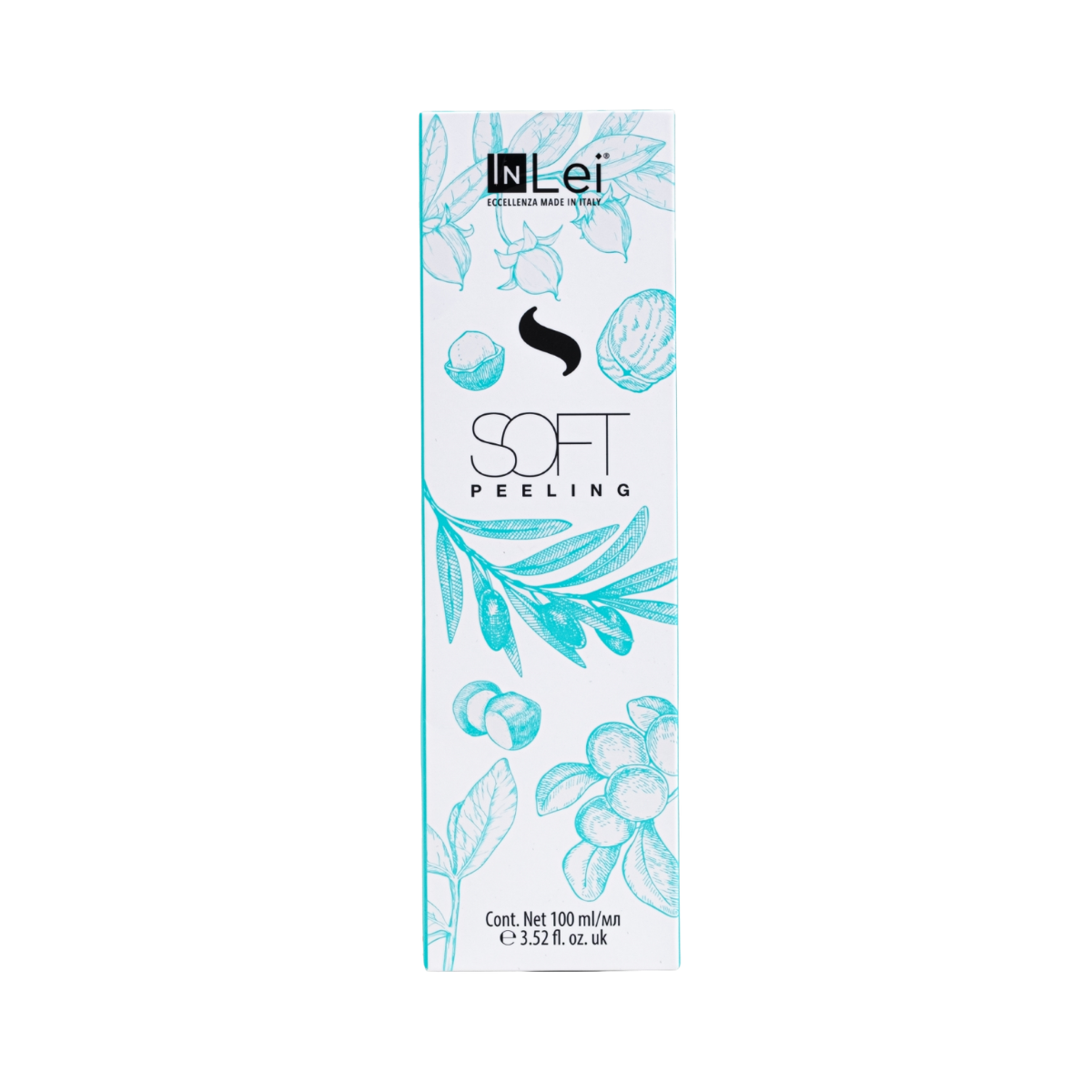 Envase de 100 ml de InLei Soft Peeling, exfoliante suave para cejas, rostro y escote, textura ligera no grasa, presentación profesional de estética