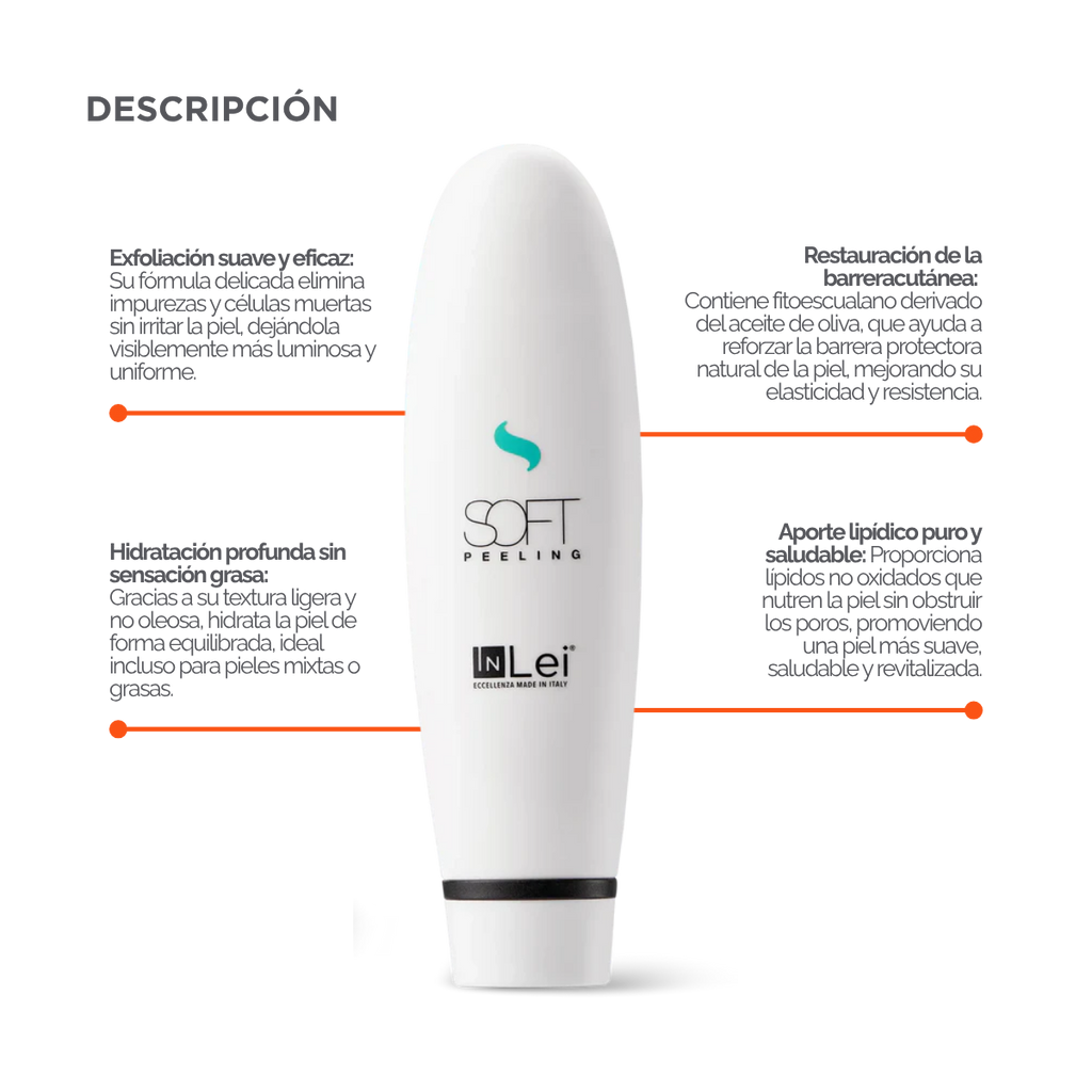 Envase de 100 ml de InLei Soft Peeling, exfoliante suave para cejas, rostro y escote, textura ligera no grasa, presentación profesional de estética