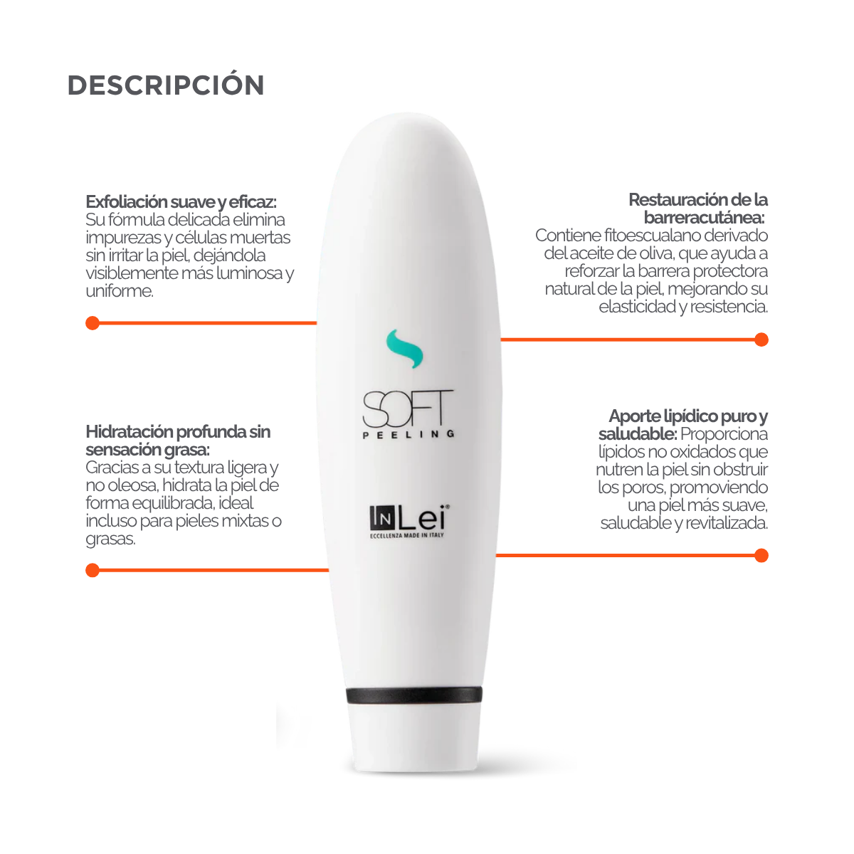 Envase de 100 ml de InLei Soft Peeling, exfoliante suave para cejas, rostro y escote, textura ligera no grasa, presentación profesional de estética