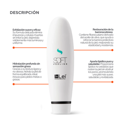 Envase de 100 ml de InLei Soft Peeling, exfoliante suave para cejas, rostro y escote, textura ligera no grasa, presentación profesional de estética
