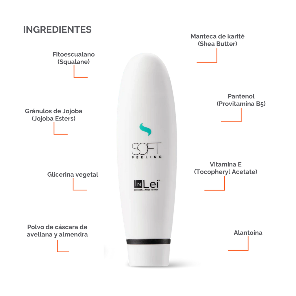 Envase de 100 ml de InLei Soft Peeling, exfoliante suave para cejas, rostro y escote, textura ligera no grasa, presentación profesional de estética