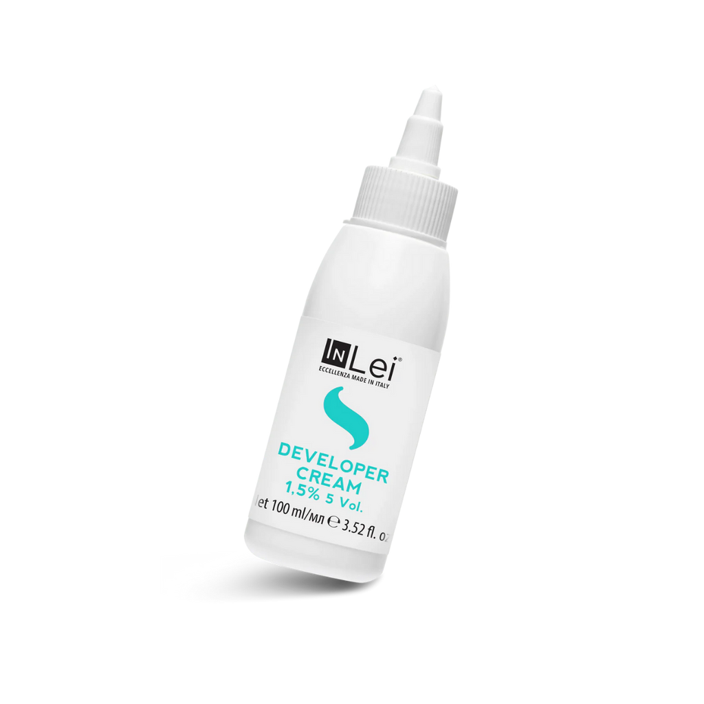 Botella de 100 ml de InLei Developer Cream 1.5 % 5 VOL, activador en crema para tintes de cejas y pestañas, hecho en Italia, envase elegante