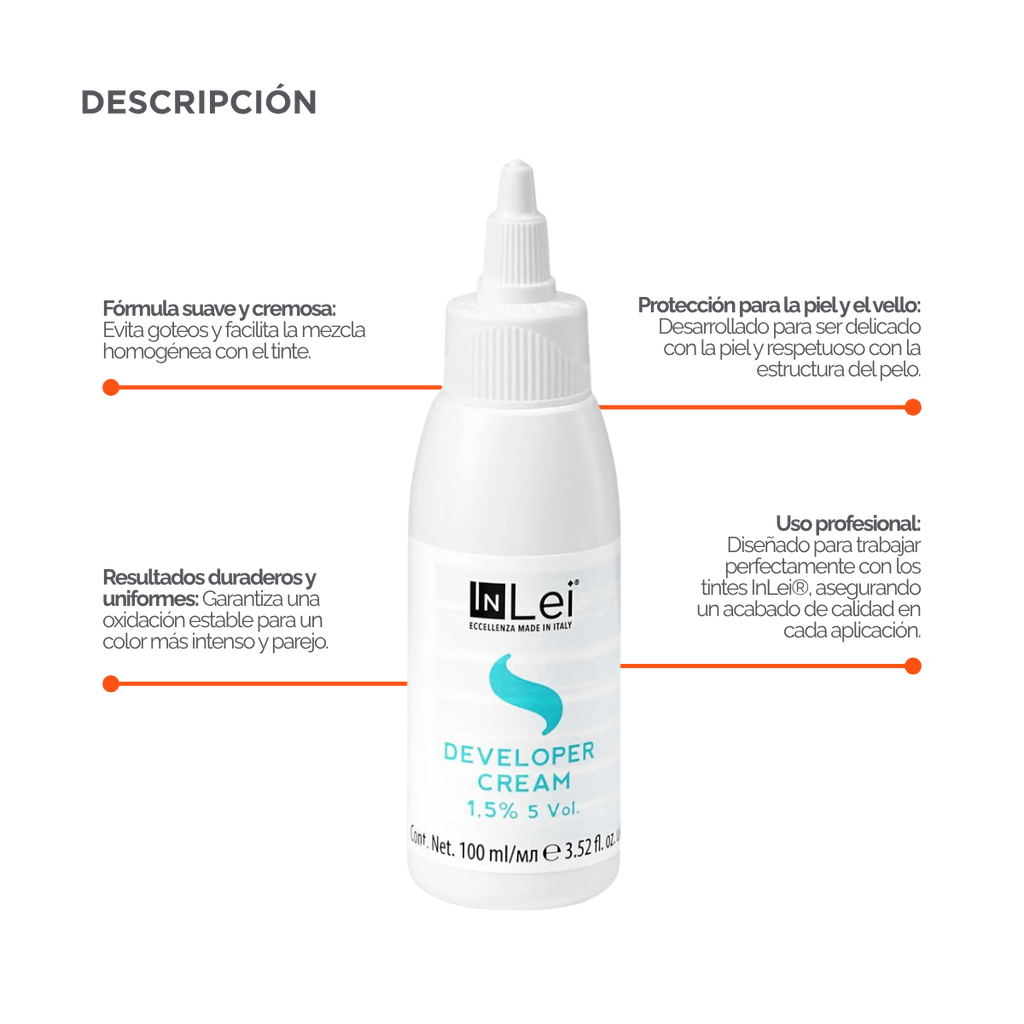 Botella de 100 ml de InLei Developer Cream 1.5 % 5 VOL, activador en crema para tintes de cejas y pestañas, hecho en Italia, envase elegante