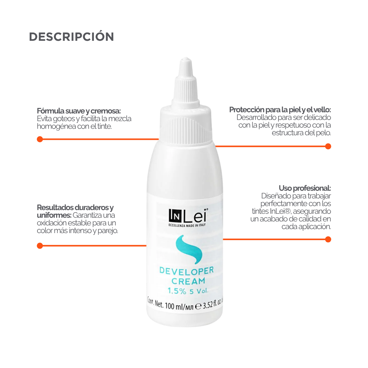 Botella de 100 ml de InLei Developer Cream 1.5 % 5 VOL, activador en crema para tintes de cejas y pestañas, hecho en Italia, envase elegante