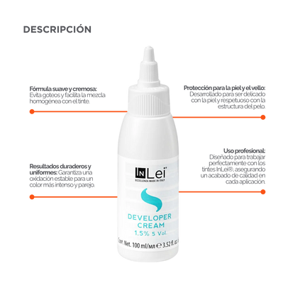 Botella de 100 ml de InLei Developer Cream 1.5 % 5 VOL, activador en crema para tintes de cejas y pestañas, hecho en Italia, envase elegante