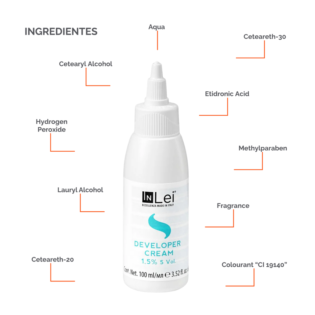 Botella de 100 ml de InLei Developer Cream 1.5 % 5 VOL, activador en crema para tintes de cejas y pestañas, hecho en Italia, envase elegante