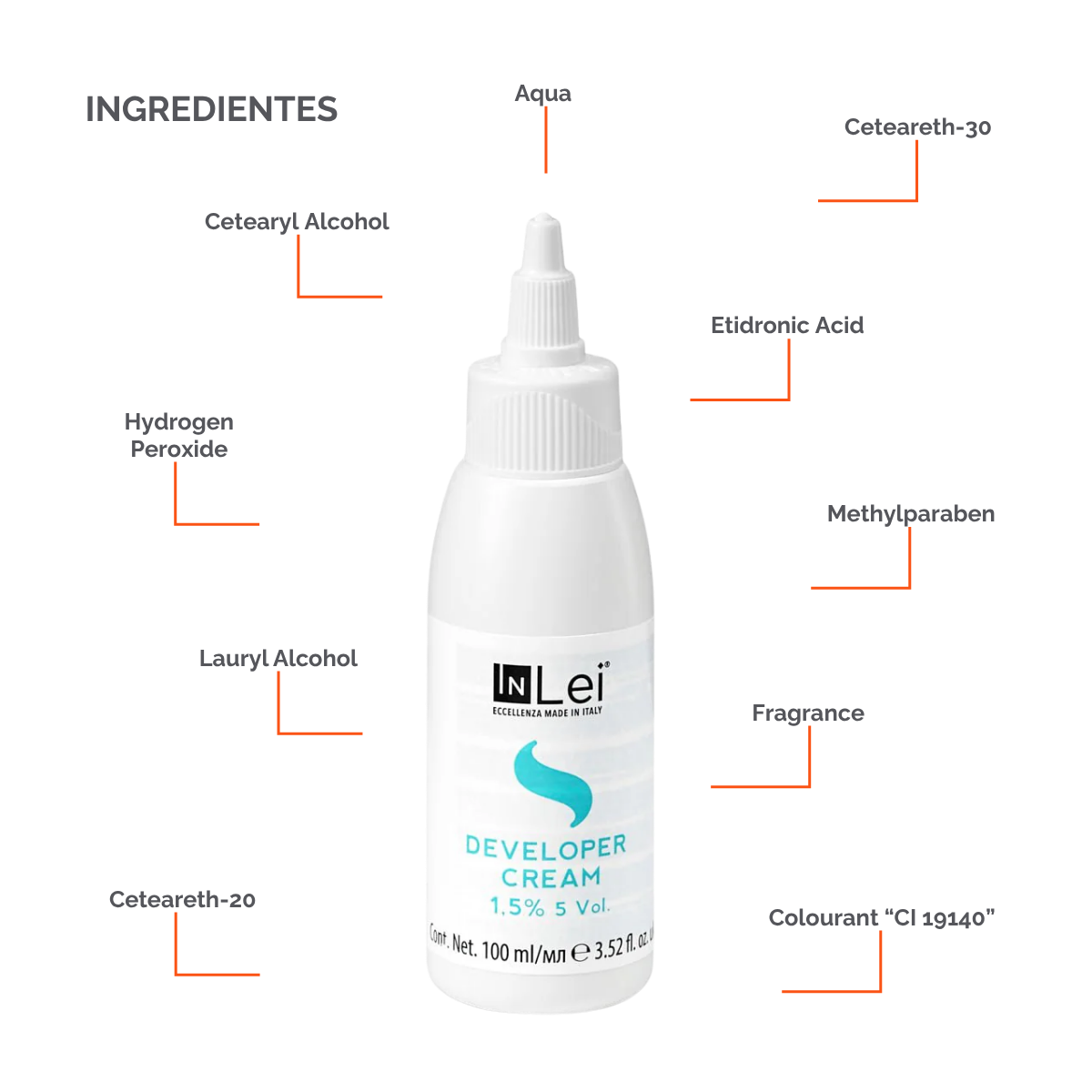 Botella de 100 ml de InLei Developer Cream 1.5 % 5 VOL, activador en crema para tintes de cejas y pestañas, hecho en Italia, envase elegante