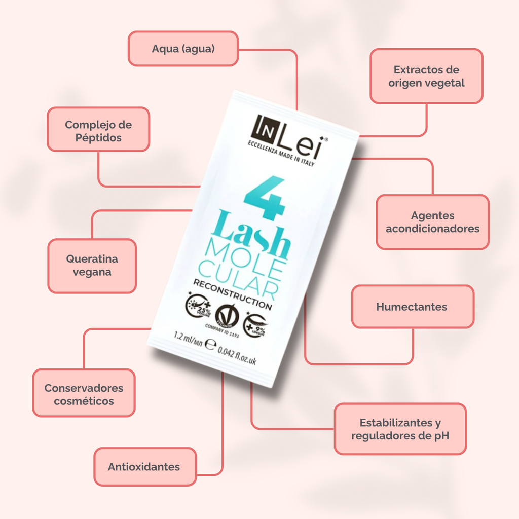 InLei Lash Molecular 4 Paso 4 Lash Filler 25.9 en presentación profesional de 9 sachets de 1.2 ml para reconstrucción molecular de pestañas y cejas, formulado con proteínas vegetales, quinoa y derivado de ácido hialurónico para aportar hidratación, fuerza, flexibilidad y brillo.