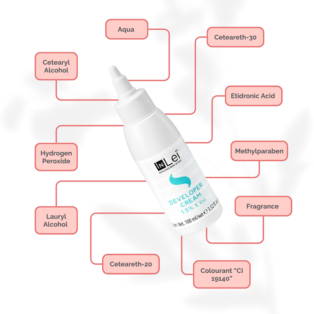 Botella de 100 ml de InLei Developer Cream 1.5 % 5 VOL, activador en crema para tintes de cejas y pestañas, hecho en Italia, envase elegante