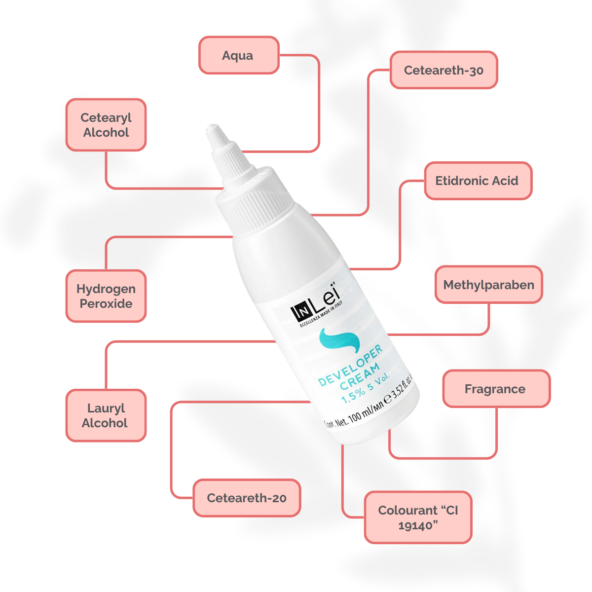 Botella de 100 ml de InLei Developer Cream 1.5 % 5 VOL, activador en crema para tintes de cejas y pestañas, hecho en Italia, envase elegante