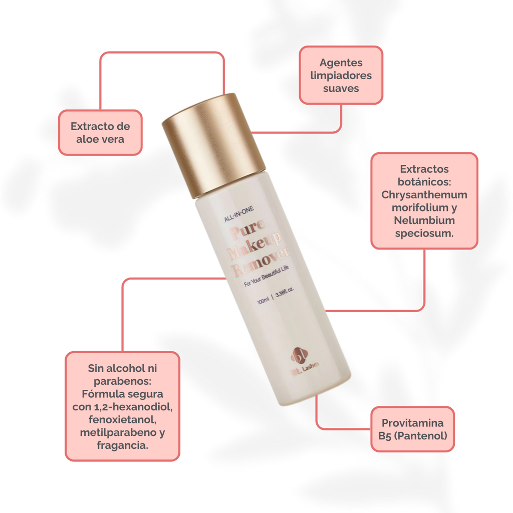 Botella de 100 ml de Pure Clear Lip & Eye Makeup Remover BL Lashes, envase transparente con etiqueta, sobre fondo blanco, concepto desmaquillante oil‑free seguro para extensiones