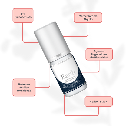 Botella de DLUX Universe Earth Adhesive (pegamento negro para extensiones de pestañas) con fondo claro, diseño de envase sofisticado, aplicador tipo gotero