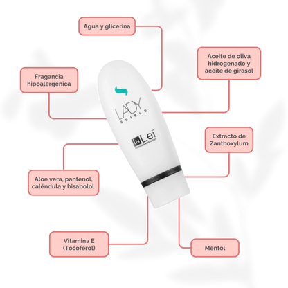 Envase de 50 ml de InLei Lady Shield crema barrera para cejas, diseño elegante, presentación profesional, contorno de ceja protegido con textura ligera
