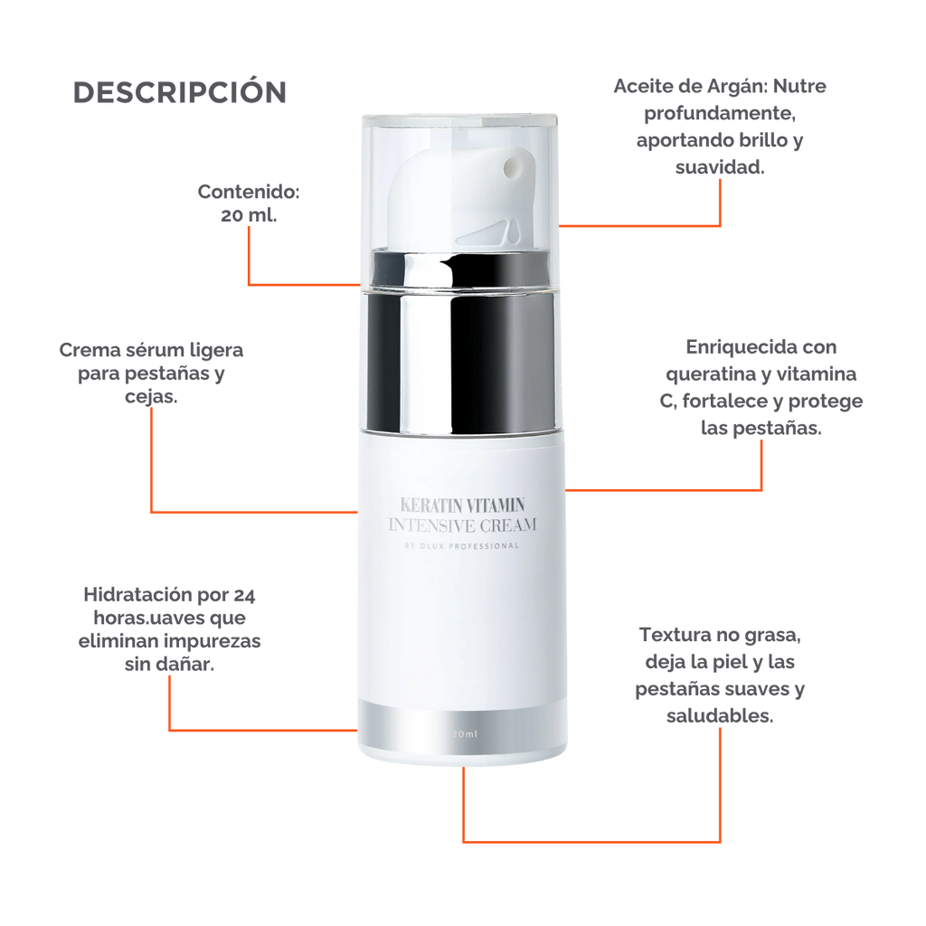 Keratin Vitamin Intensive Cream de DLUX, diseño elegante, textura cremosa ligera, ideal para cuidado post‑lifting de pestañas y cejas