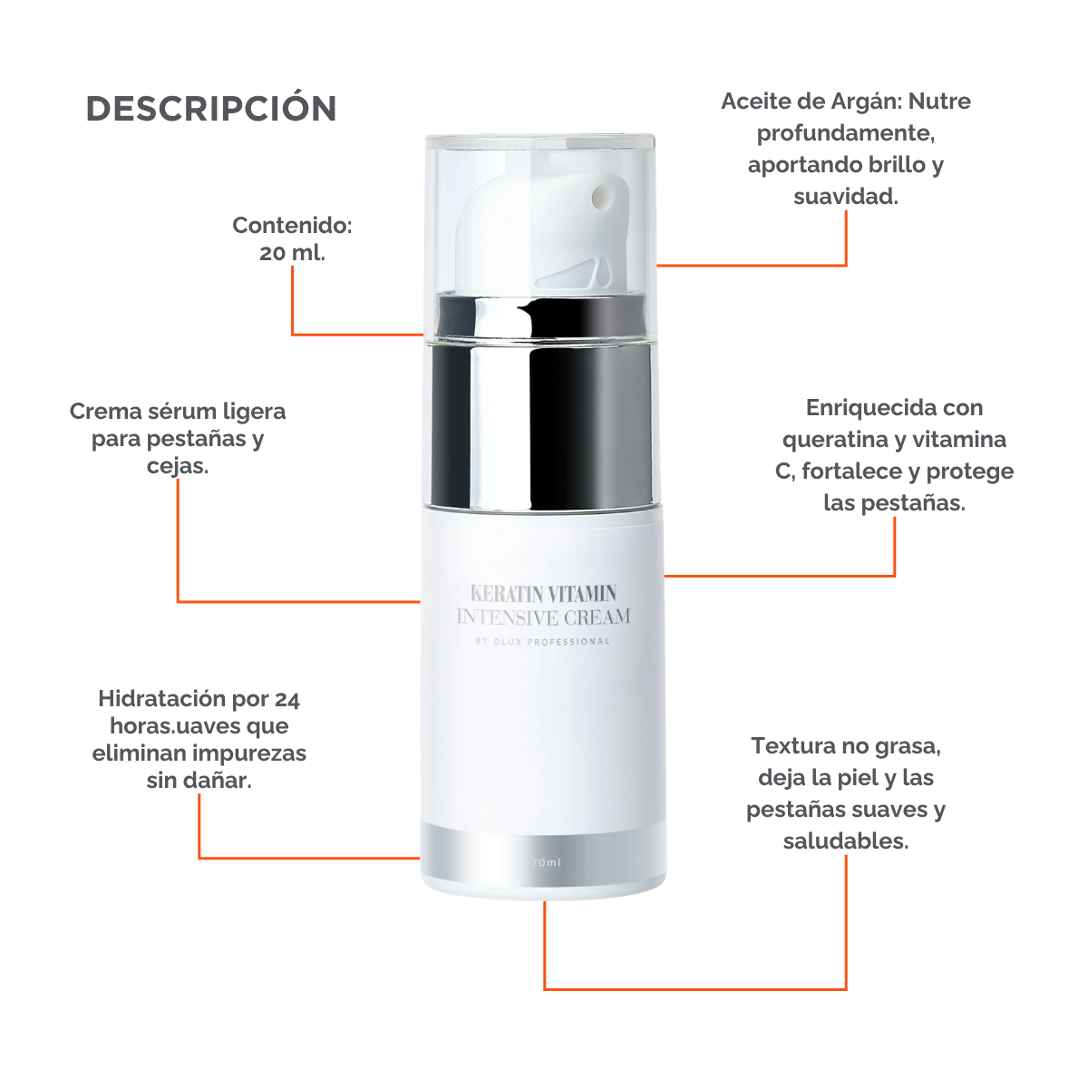 Keratin Vitamin Intensive Cream de DLUX, diseño elegante, textura cremosa ligera, ideal para cuidado post‑lifting de pestañas y cejas