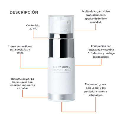 Keratin Vitamin Intensive Cream de DLUX, diseño elegante, textura cremosa ligera, ideal para cuidado post‑lifting de pestañas y cejas