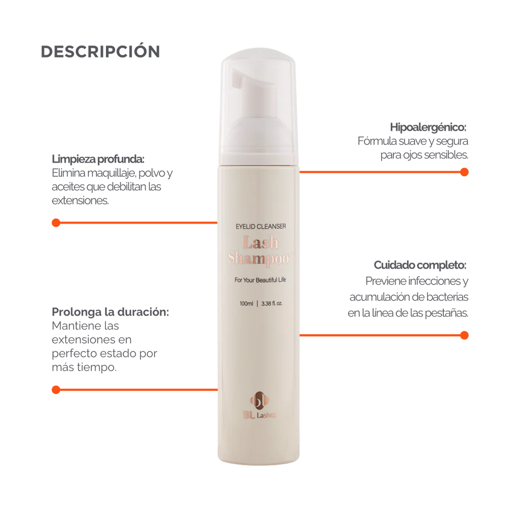 Botella de Lash Shampoo Plus BL Lashes con dosificador de espuma, muestra de espuma sobre fondo blanco, diseño profesional, concepto de limpieza profunda para extensiones de pestañas