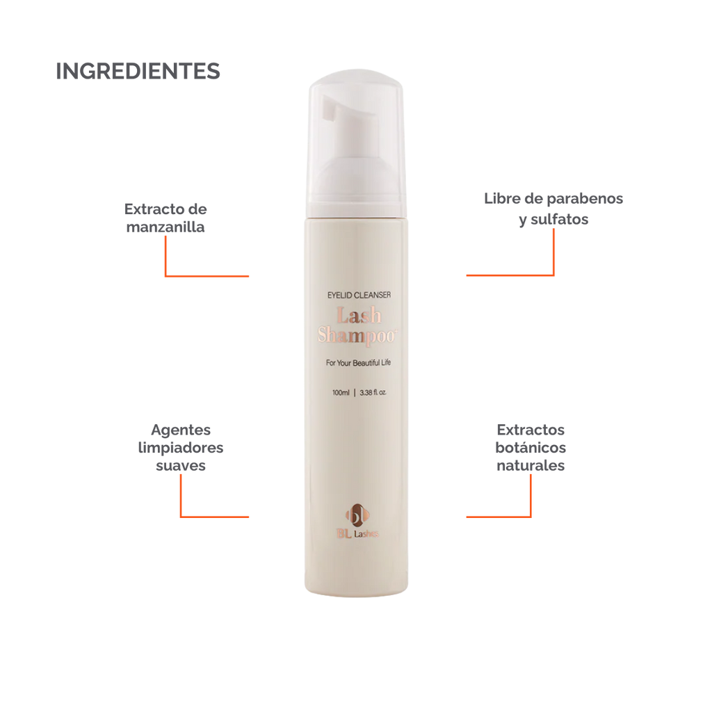 Botella de Lash Shampoo Plus BL Lashes con dosificador de espuma, muestra de espuma sobre fondo blanco, diseño profesional, concepto de limpieza profunda para extensiones de pestañas