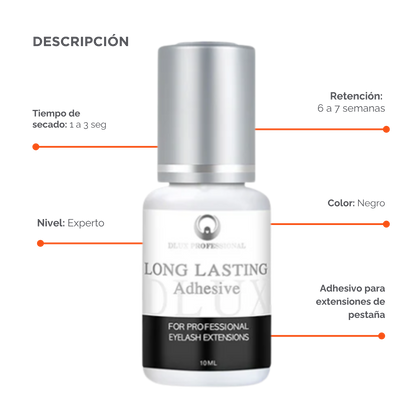 Adhesivo Long Lasting Dlux Pro 5 ml – pegamento profesional para extensiones de pestañas, secado rápido y retención prolongada sin irritación.