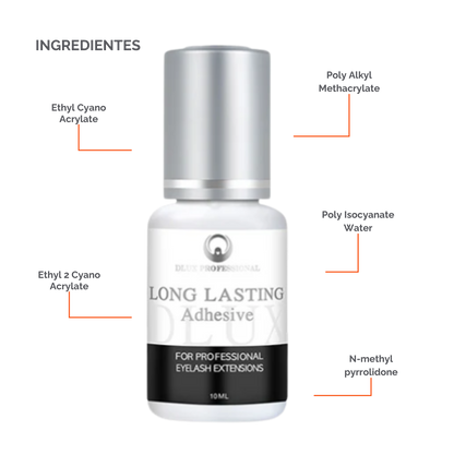 Adhesivo Long Lasting Dlux Pro 5 ml – pegamento profesional para extensiones de pestañas, secado rápido y retención prolongada sin irritación.