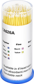 “Microbrush DLUX Professional con punta de microfibra no absorbente y cuello flexible; colores blanco 1 mm, amarillo 2 mm, verde 3 mm; 100 piezas para aplicación precisa en pestañas y cejas.”