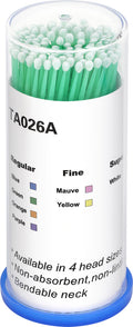 “Microbrush DLUX Professional con punta de microfibra no absorbente y cuello flexible; colores blanco 1 mm, amarillo 2 mm, verde 3 mm; 100 piezas para aplicación precisa en pestañas y cejas.”