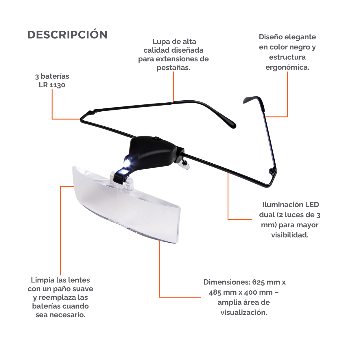 Magnifier Glass DLUX Professional – Lupa iluminada con LEDs para extensiones de pestañas