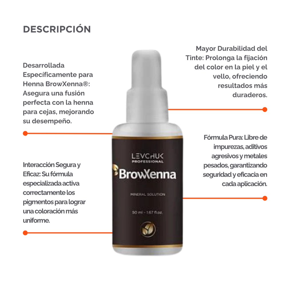 Mineral solution for henna mixing 50 ml, BrowXenna
activador profesional y puro, formulado para mezclar con henna de cejas, que potencia la pigmentación y duración sin impurezas.