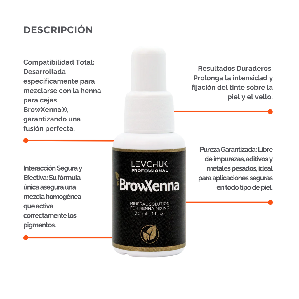 Mineral solution for henna mixing 30 ml, BrowXenna
activador profesional y puro, formulado para mezclar con henna de cejas, que potencia la pigmentación y duración sin impurezas.