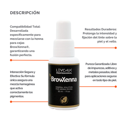 Mineral solution for henna mixing 30 ml, BrowXenna
activador profesional y puro, formulado para mezclar con henna de cejas, que potencia la pigmentación y duración sin impurezas.