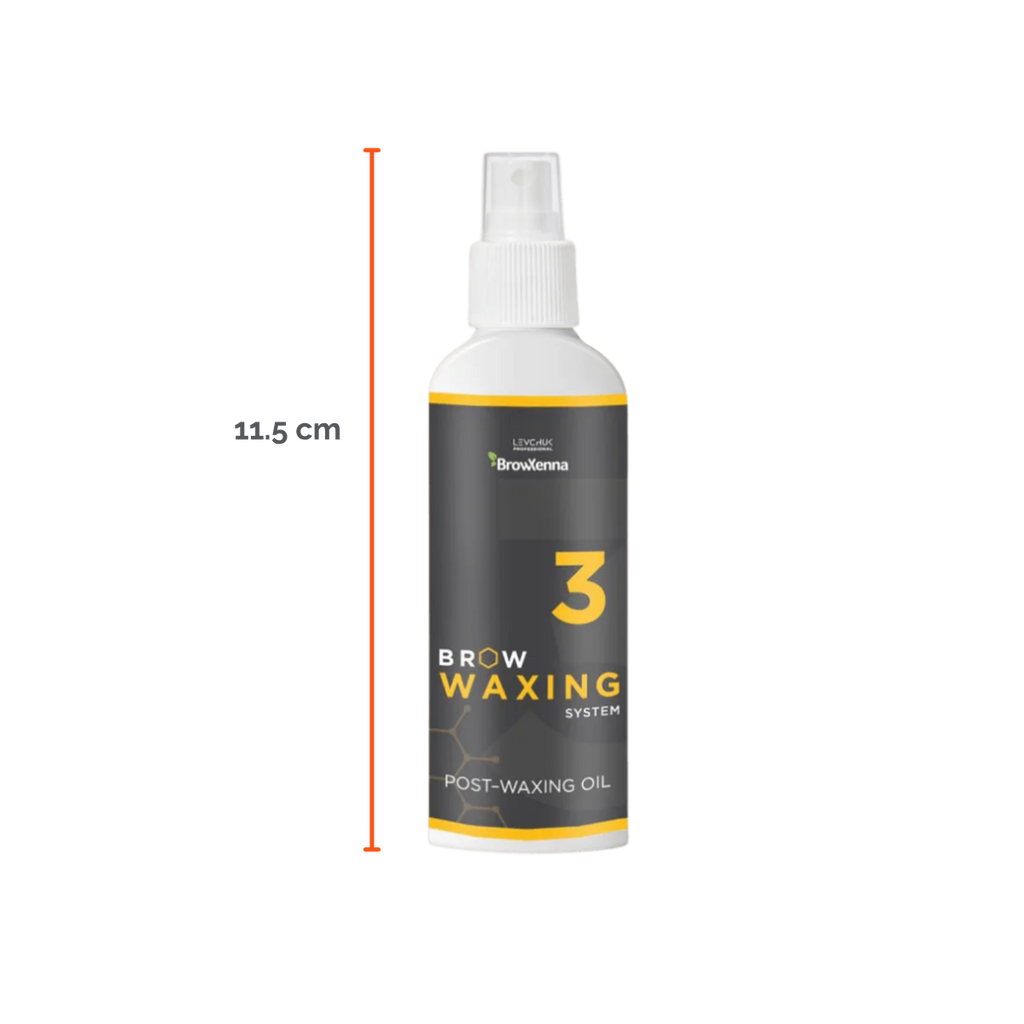Frasco de aceite BrowXenna Post‑Waxing Oil #3 (100 ml), aceite post-depilación con lavanda, coco y mentol para hidratar, refrescar y limpiar la piel tras depilación de cejas.