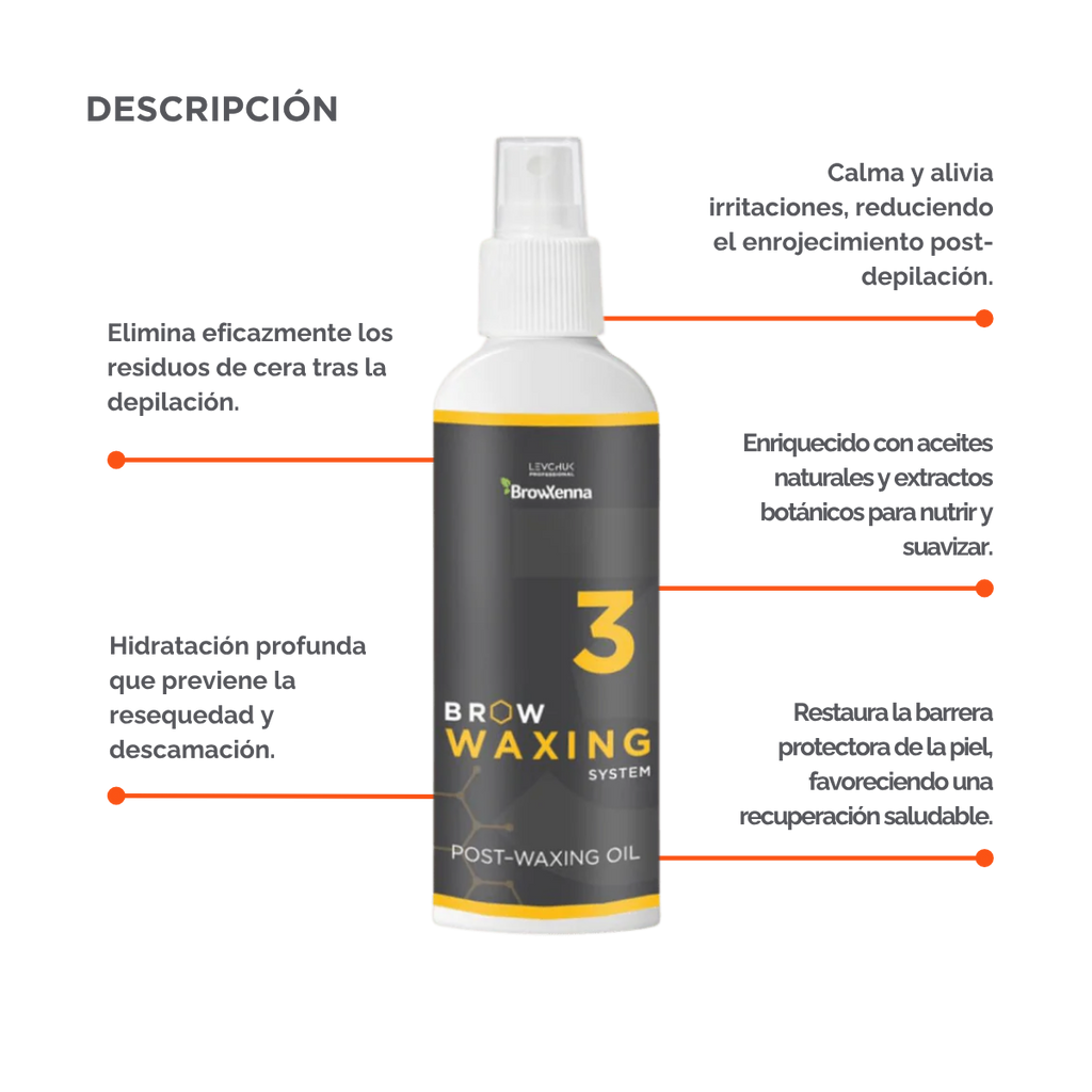 Frasco de aceite BrowXenna Post‑Waxing Oil #3 (100 ml), aceite post-depilación con lavanda, coco y mentol para hidratar, refrescar y limpiar la piel tras depilación de cejas.