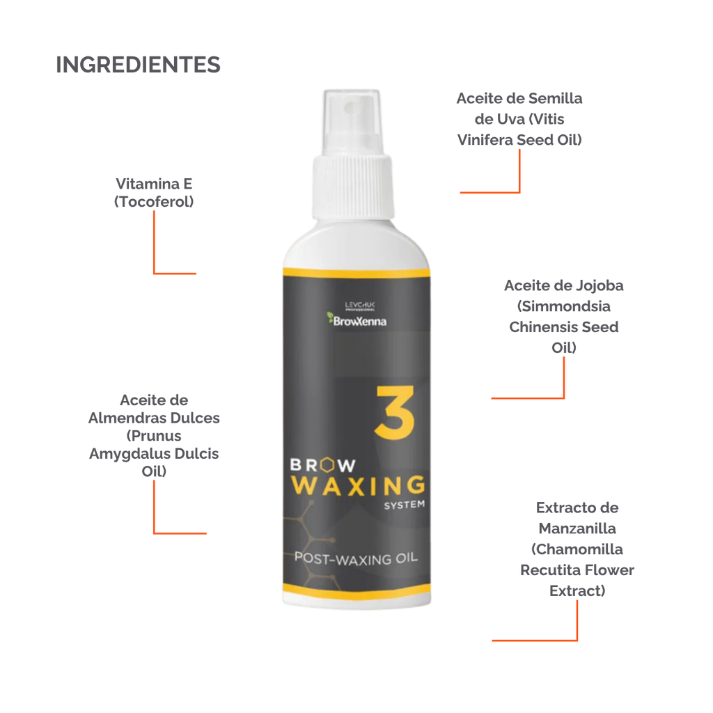 Frasco de aceite BrowXenna Post‑Waxing Oil #3 (100 ml), aceite post-depilación con lavanda, coco y mentol para hidratar, refrescar y limpiar la piel tras depilación de cejas.