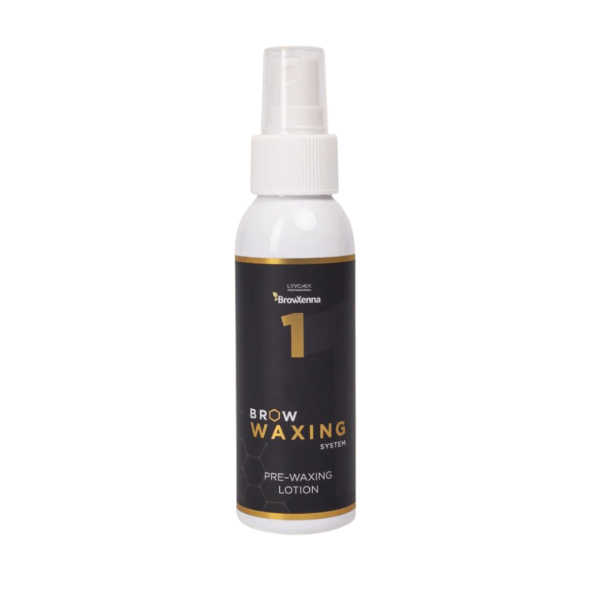 Frasco de BrowXenna Pre‑Waxing Lotion #1 (100 ml), loción preparadora profesional con aloe y mentol, idéntica al primer paso en el protocolo SPA para depilación de cejas.