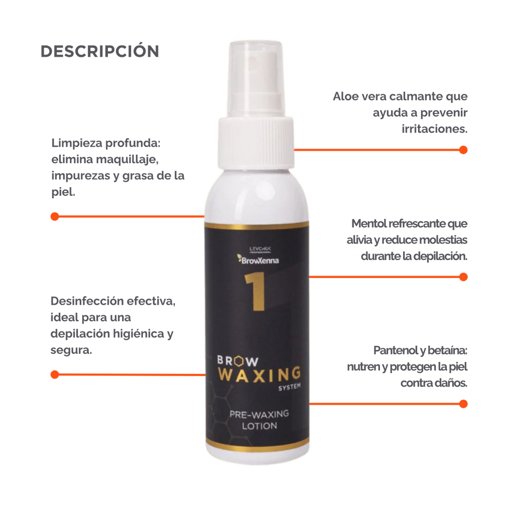 Frasco de BrowXenna Pre‑Waxing Lotion #1 (100 ml), loción preparadora profesional con aloe y mentol, idéntica al primer paso en el protocolo SPA para depilación de cejas.