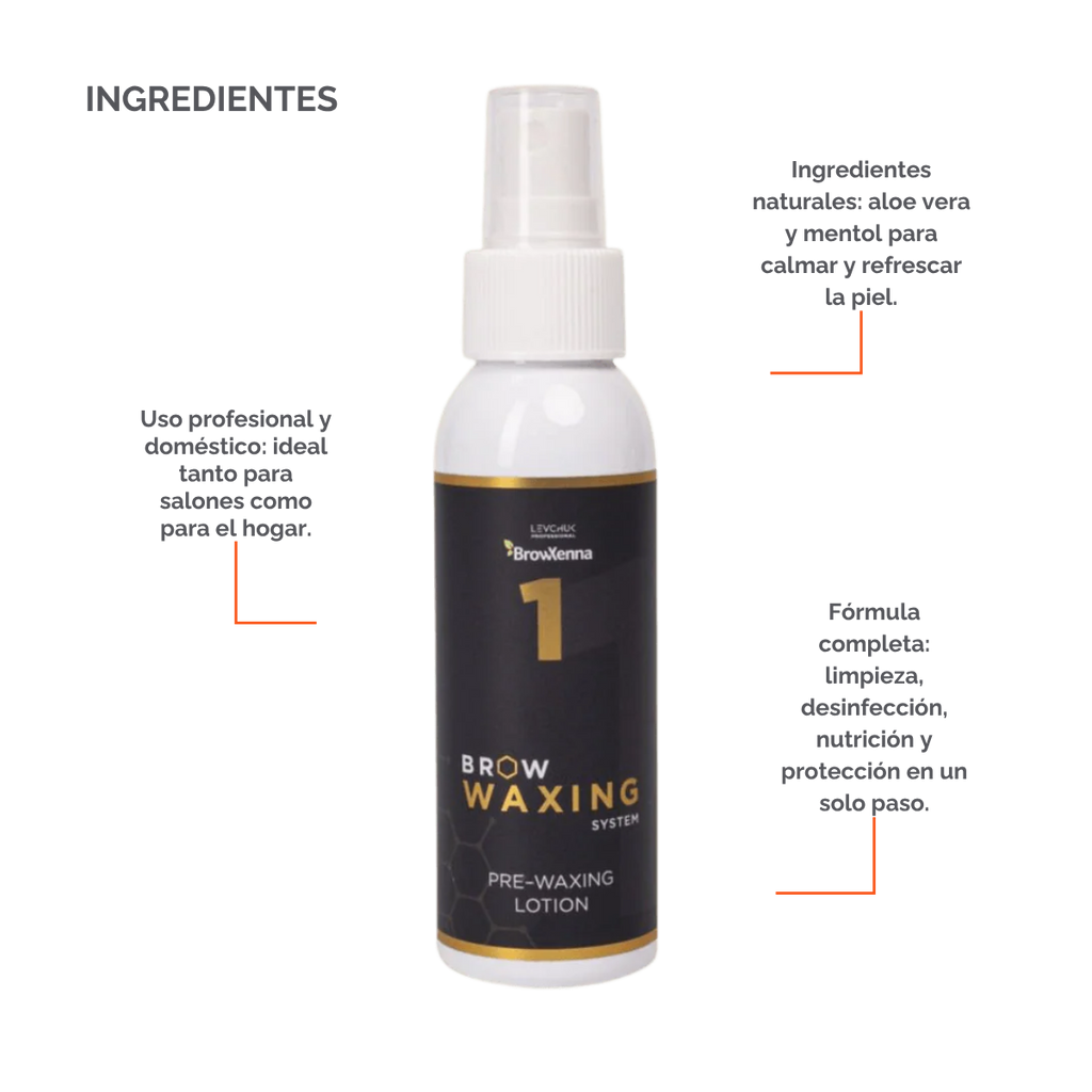 Frasco de BrowXenna Pre‑Waxing Lotion #1 (100 ml), loción preparadora profesional con aloe y mentol, idéntica al primer paso en el protocolo SPA para depilación de cejas.