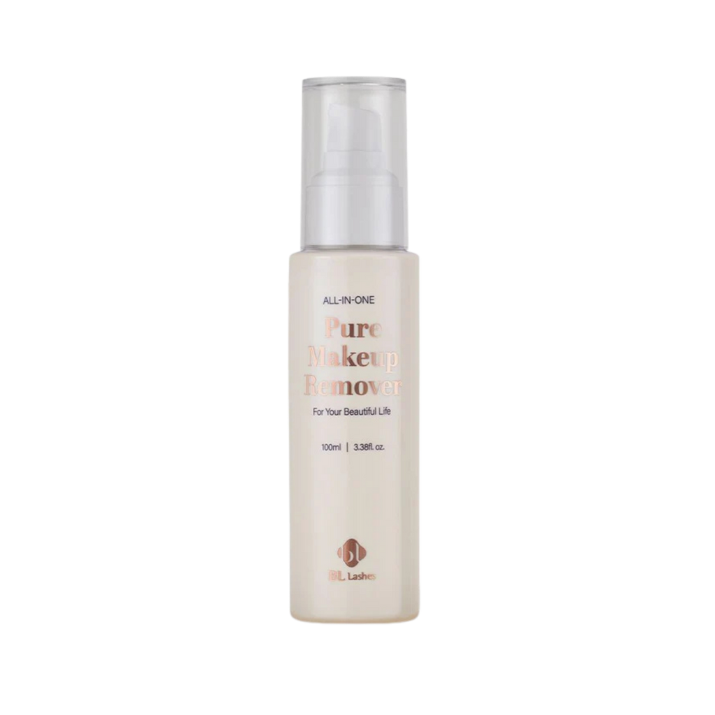 Botella de 100 ml de Pure Clear Lip & Eye Makeup Remover BL Lashes, envase transparente con etiqueta, sobre fondo blanco, concepto desmaquillante oil‑free seguro para extensiones