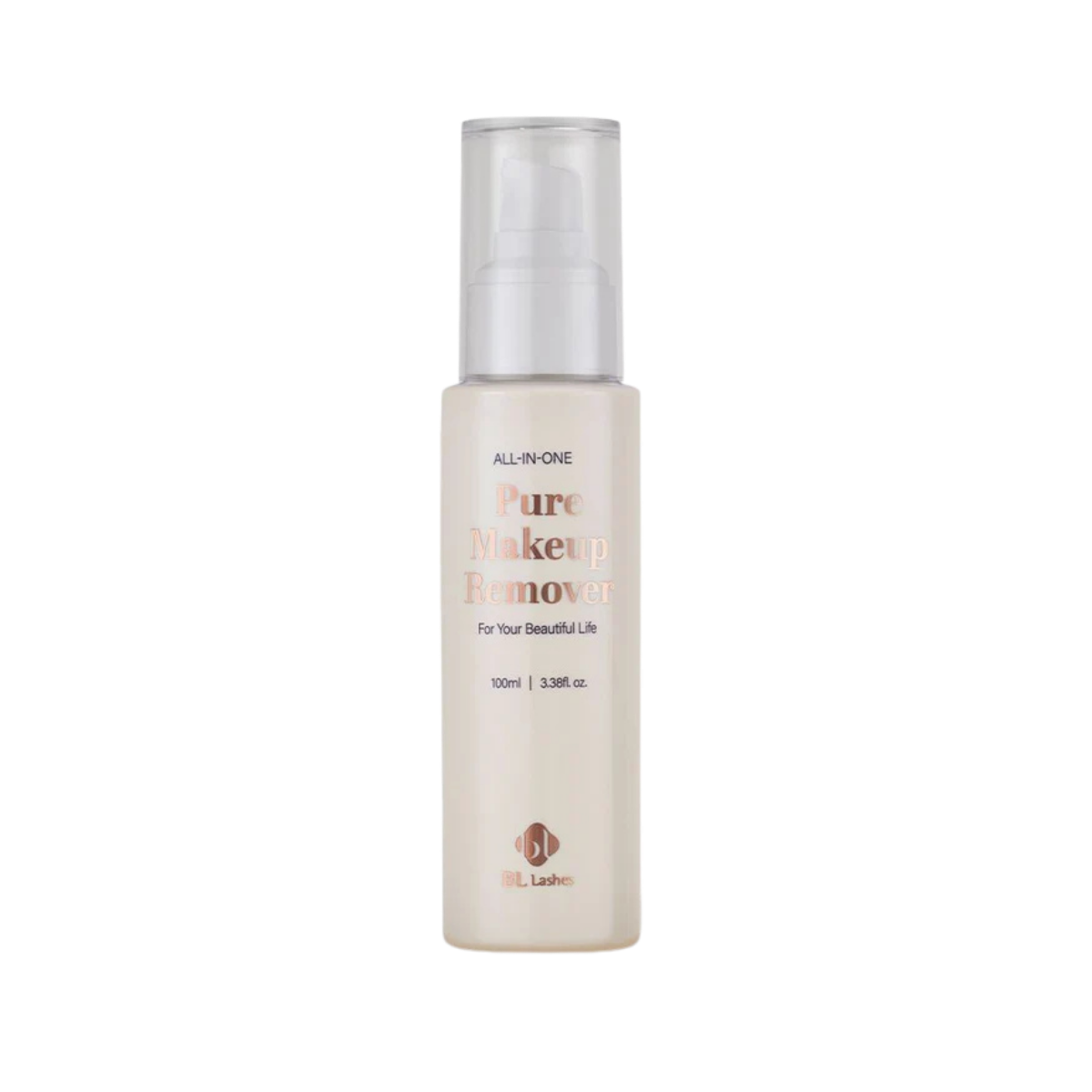 Botella de 100 ml de Pure Clear Lip & Eye Makeup Remover BL Lashes, envase transparente con etiqueta, sobre fondo blanco, concepto desmaquillante oil‑free seguro para extensiones