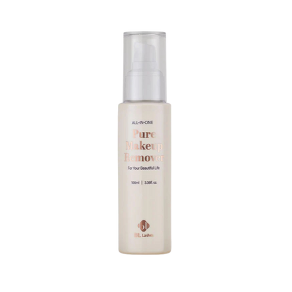 Botella de 100 ml de Pure Clear Lip & Eye Makeup Remover BL Lashes, envase transparente con etiqueta, sobre fondo blanco, concepto desmaquillante oil‑free seguro para extensiones