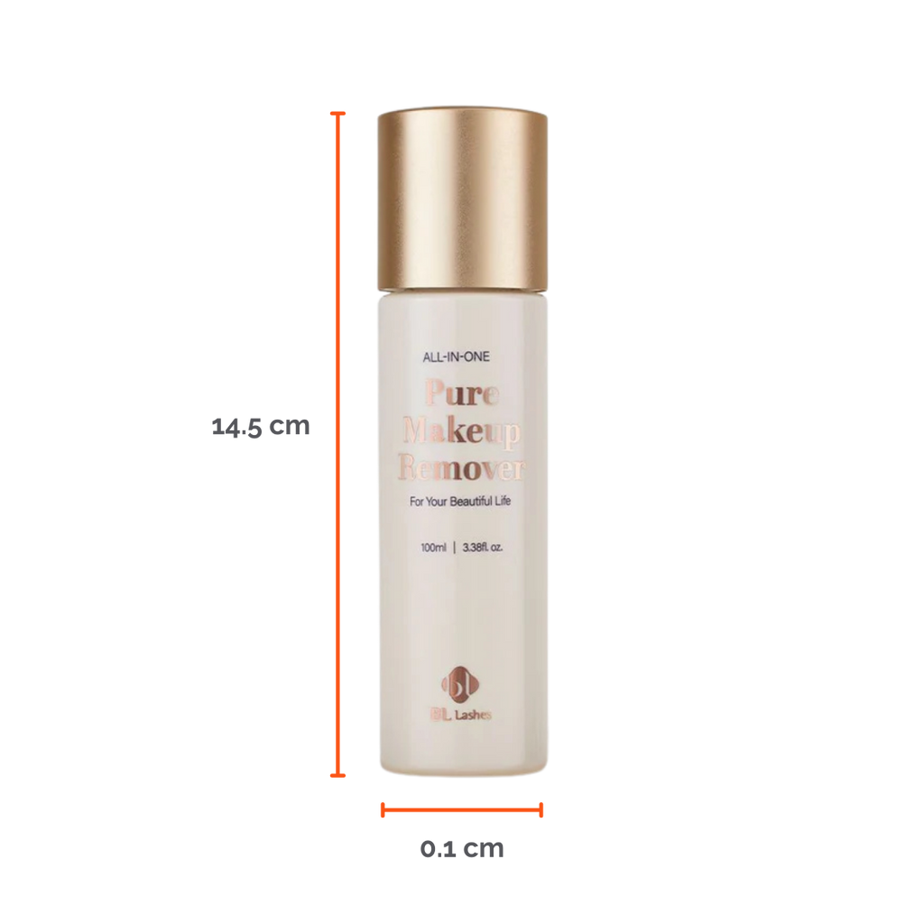 Botella de 100 ml de Pure Clear Lip & Eye Makeup Remover BL Lashes, envase transparente con etiqueta, sobre fondo blanco, concepto desmaquillante oil‑free seguro para extensiones