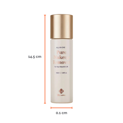 Botella de 100 ml de Pure Clear Lip & Eye Makeup Remover BL Lashes, envase transparente con etiqueta, sobre fondo blanco, concepto desmaquillante oil‑free seguro para extensiones