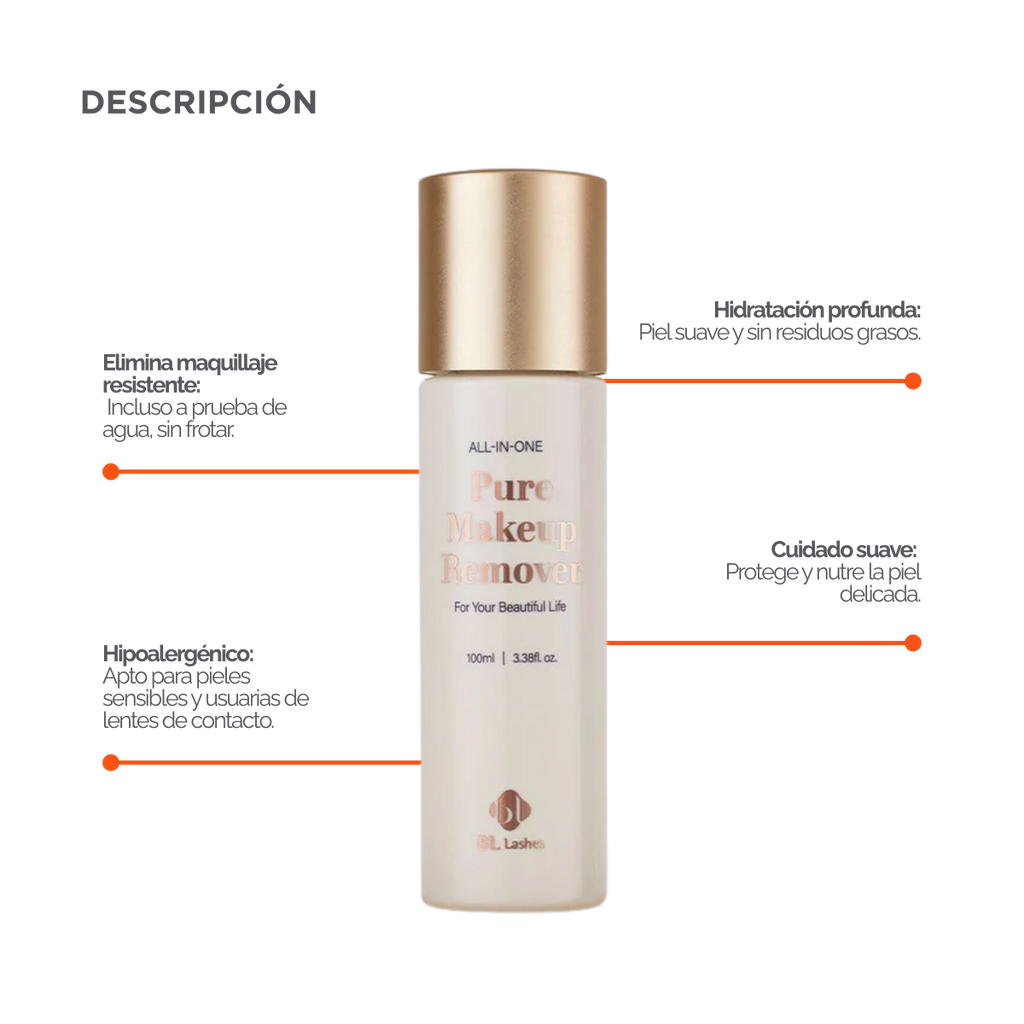 Botella de 100 ml de Pure Clear Lip & Eye Makeup Remover BL Lashes, envase transparente con etiqueta, sobre fondo blanco, concepto desmaquillante oil‑free seguro para extensiones