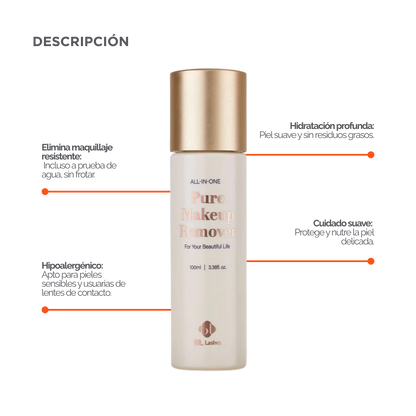 Botella de 100 ml de Pure Clear Lip & Eye Makeup Remover BL Lashes, envase transparente con etiqueta, sobre fondo blanco, concepto desmaquillante oil‑free seguro para extensiones